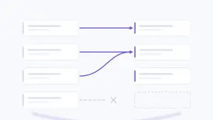 Schéma d'un plan de redirections : à gauche quatre anciennes adresses de pages, à droite les nouvelles, trois flèches qui relient dont une qui fusionne deux pages, et une redirection manquante marquée par une croix.