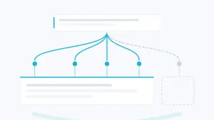 Schéma du mode IA : une question de client en haut, découpée en cinq sous-questions, quatre trouvent leur réponse dans une même page du site, la cinquième reste sans réponse.