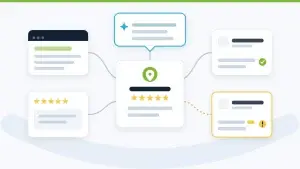 Une fiche d'entreprise reliée à son site, à ses avis, à deux annuaires et à une réponse d'IA ; l'un des annuaires affiche une adresse qui ne correspond pas.